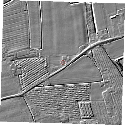 Shaded relief map of the ground around PE220PE, computed from Environment Agency LiDAR. The ground here sits at about 3 m above sea level and falls 7 m across the surrounding 800 m. Surface water reaching this point runs off ground lying to the east-south-east, 0.6 m higher.
