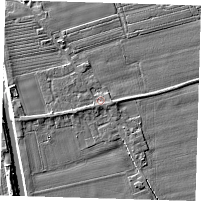 Shaded relief map of the ground around PE220PF, computed from Environment Agency LiDAR. The ground here sits at about 3 m above sea level and falls 7 m across the surrounding 800 m. Surface water reaching this point runs off ground lying to the east, 1.4 m higher.