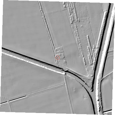 Shaded relief map of the ground around PE220PH, computed from Environment Agency LiDAR. The ground here sits at about 2 m above sea level and falls 7 m across the surrounding 800 m. Surface water reaching this point runs off ground lying to the south-east, 1.2 m higher.