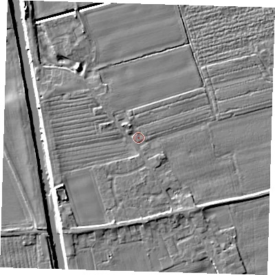 Shaded relief map of the ground around PE220PJ, computed from Environment Agency LiDAR. The ground here sits at about 3 m above sea level and falls 7 m across the surrounding 800 m. Surface water reaching this point runs off ground lying to the south, 2.1 m higher.