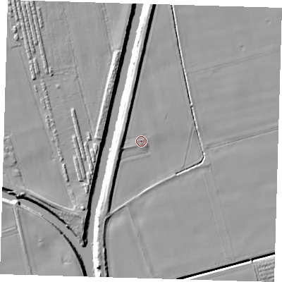 Shaded relief map of the ground around PE220PR, computed from Environment Agency LiDAR. The ground here sits at about 2 m above sea level and falls 7 m across the surrounding 800 m. Surface water reaching this point runs off ground lying to the south-west, 3.0 m higher.