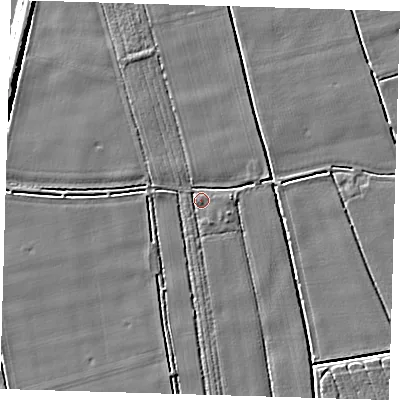 Shaded relief map of the ground around PE220PS, computed from Environment Agency LiDAR. The ground here sits at about 2 m above sea level and falls 6 m across the surrounding 800 m. Surface water reaching this point runs off ground lying to the south-south-east, 1.4 m higher.