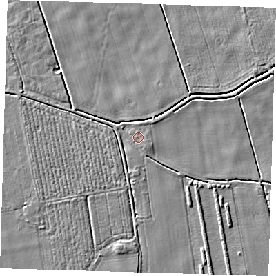 Shaded relief map of the ground around PE220PU, computed from Environment Agency LiDAR. The ground here sits at about 2 m above sea level and falls 3 m across the surrounding 800 m. Surface water reaching this point runs off ground lying to the south-east, 1.1 m higher.