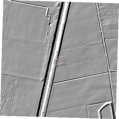Shaded relief map of the ground around PE220PY, computed from Environment Agency LiDAR. The ground here sits at about 2 m above sea level and falls 6 m across the surrounding 800 m. Surface water reaching this point runs off ground lying to the west-north-west, 1.4 m higher.