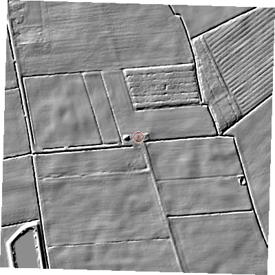 Shaded relief map of the ground around PE220PZ, computed from Environment Agency LiDAR. The ground here sits at about 2 m above sea level and falls 4 m across the surrounding 800 m. Surface water reaching this point runs off ground lying to the west, 1.9 m higher.