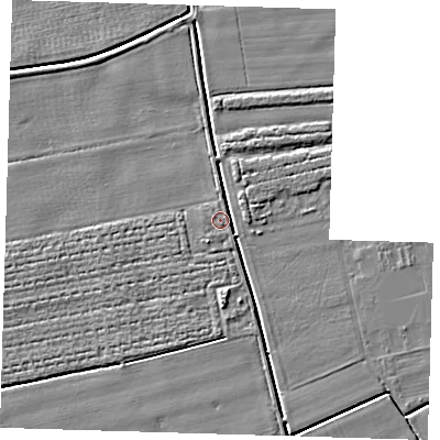 Shaded relief map of the ground around PE220QD, computed from Environment Agency LiDAR. The ground here sits at about 2 m above sea level and falls 4 m across the surrounding 800 m. Surface water reaching this point runs off ground lying to the north-north-east, 3.0 m higher.