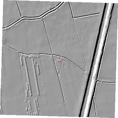 Shaded relief map of the ground around PE220QE, computed from Environment Agency LiDAR. The ground here sits at about 2 m above sea level and falls 6 m across the surrounding 800 m. Surface water reaching this point runs off ground lying to the south, 0.9 m higher.