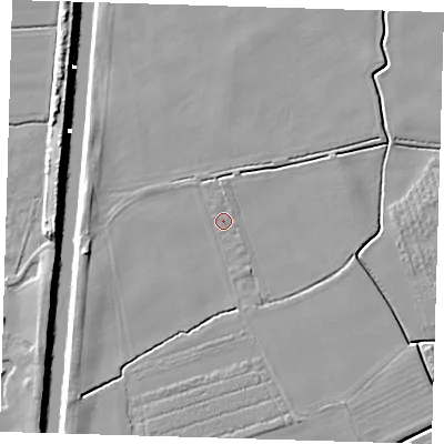 Shaded relief map of the ground around PE220QJ, computed from Environment Agency LiDAR. The ground here sits at about 3 m above sea level and falls 7 m across the surrounding 800 m. The ground contributing surface water to this point lies to the south-east.