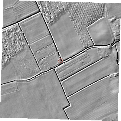 Shaded relief map of the ground around PE220QL, computed from Environment Agency LiDAR. The ground here sits at about 3 m above sea level and falls 4 m across the surrounding 800 m. Surface water reaching this point runs off ground lying to the east-north-east, 2.9 m higher.