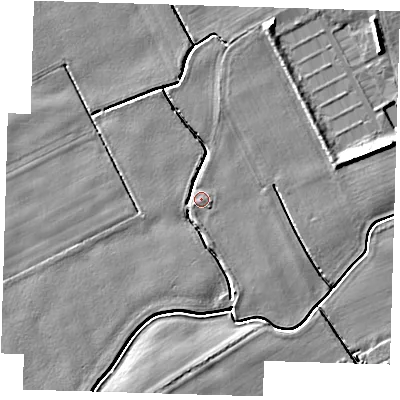 Shaded relief map of the ground around PE220QP, computed from Environment Agency LiDAR. The ground here sits at about 3 m above sea level and falls 5 m across the surrounding 800 m. Surface water reaching this point runs off ground lying to the south, 0.6 m higher.