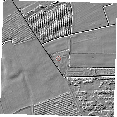 Shaded relief map of the ground around PE220QT, computed from Environment Agency LiDAR. The ground here sits at about 3 m above sea level and falls 4 m across the surrounding 800 m. The ground contributing surface water to this point lies to the west-north-west.
