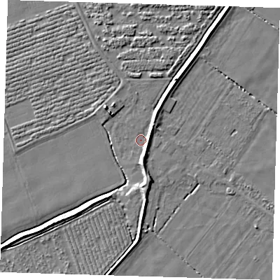 Shaded relief map of the ground around PE220QX, computed from Environment Agency LiDAR. The ground here sits at about 3 m above sea level and falls 5 m across the surrounding 800 m. Surface water reaching this point runs off ground lying to the south, 3.3 m higher.