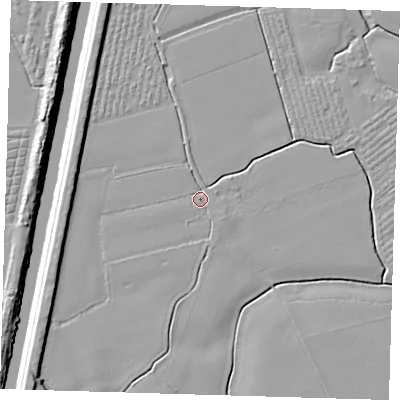 Shaded relief map of the ground around PE220RA, computed from Environment Agency LiDAR. The ground here sits at about 3 m above sea level and falls 10 m across the surrounding 800 m. Surface water reaching this point runs off ground lying to the north-north-west, 1.7 m higher.