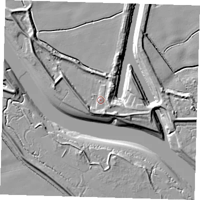 Shaded relief map of the ground around PE220RB, computed from Environment Agency LiDAR. The ground here sits at about 4 m above sea level and falls 10 m across the surrounding 800 m. Surface water reaching this point runs off ground lying to the south-east, 4.2 m higher.