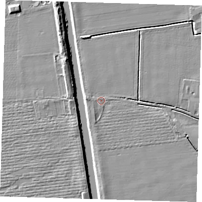 Shaded relief map of the ground around PE220RG, computed from Environment Agency LiDAR. The ground here sits at about 3 m above sea level and falls 6 m across the surrounding 800 m. Surface water reaching this point runs off ground lying to the south-south-west, 1.0 m higher.