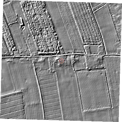 Shaded relief map of the ground around PE220RH, computed from Environment Agency LiDAR. The ground here sits at about 3 m above sea level and falls 3 m across the surrounding 800 m. The ground contributing surface water to this point lies to the west.