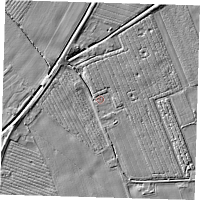 Shaded relief map of the ground around PE220RJ, computed from Environment Agency LiDAR. The ground here sits at about 2 m above sea level and falls 5 m across the surrounding 800 m. Surface water reaching this point runs off ground lying to the south-east, 1.8 m higher.