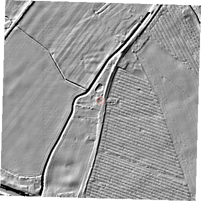 Shaded relief map of the ground around PE220RL, computed from Environment Agency LiDAR. The ground here sits at about 2 m above sea level and falls 5 m across the surrounding 800 m. Surface water reaching this point runs off ground lying to the north-north-east, 1.0 m higher.