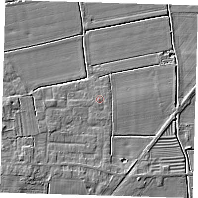 Shaded relief map of the ground around PE220RP, computed from Environment Agency LiDAR. The ground here sits at about 4 m above sea level and falls 6 m across the surrounding 800 m. Surface water reaching this point runs off ground lying to the east, 0.6 m higher.