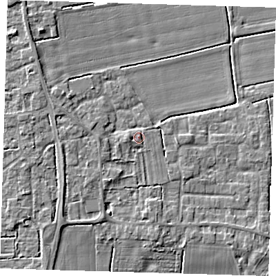 Shaded relief map of the ground around PE220RT, computed from Environment Agency LiDAR. The ground here sits at about 5 m above sea level and falls 6 m across the surrounding 800 m. Surface water reaching this point runs off ground lying to the east-north-east, 1.1 m higher.