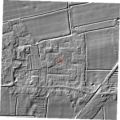 Shaded relief map of the ground around PE220RU, computed from Environment Agency LiDAR. The ground here sits at about 4 m above sea level and falls 6 m across the surrounding 800 m. Surface water reaching this point runs off ground lying to the south-west, 2.7 m higher.