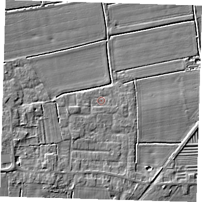 Shaded relief map of the ground around PE220RW, computed from Environment Agency LiDAR. The ground here sits at about 3 m above sea level and falls 6 m across the surrounding 800 m. Surface water reaching this point runs off ground lying to the west-south-west, 1.4 m higher.