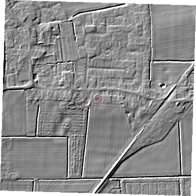 Shaded relief map of the ground around PE220SA, computed from Environment Agency LiDAR. The ground here sits at about 5 m above sea level and falls 6 m across the surrounding 800 m. Surface water reaching this point runs off ground lying to the west, 1.6 m higher.