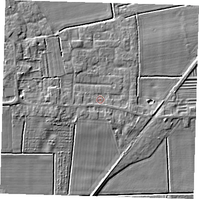Shaded relief map of the ground around PE220SB, computed from Environment Agency LiDAR. The ground here sits at about 4 m above sea level and falls 6 m across the surrounding 800 m. Surface water reaching this point runs off ground lying to the west-south-west, 1.2 m higher.