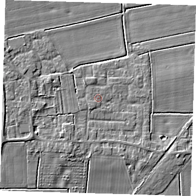 Shaded relief map of the ground around PE220SD, computed from Environment Agency LiDAR. The ground here sits at about 4 m above sea level and falls 6 m across the surrounding 800 m. Surface water reaching this point runs off ground lying to the north-west, 0.7 m higher.