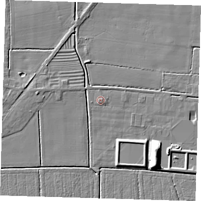 Shaded relief map of the ground around PE220SE, computed from Environment Agency LiDAR. The ground here sits at about 3 m above sea level and falls 11 m across the surrounding 800 m. Surface water reaching this point runs off ground lying to the east-south-east, 1.0 m higher.