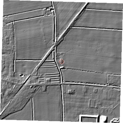 Shaded relief map of the ground around PE220SG, computed from Environment Agency LiDAR. The ground here sits at about 3 m above sea level and falls 11 m across the surrounding 800 m. Surface water reaching this point runs off ground lying to the west, 0.8 m higher.