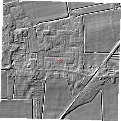 Shaded relief map of the ground around PE220SH, computed from Environment Agency LiDAR. The ground here sits at about 4 m above sea level and falls 6 m across the surrounding 800 m. Surface water reaching this point runs off ground lying to the south-west, 1.4 m higher.