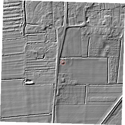 Shaded relief map of the ground around PE220SJ, computed from Environment Agency LiDAR. The ground here sits at about 5 m above sea level and falls 5 m across the surrounding 800 m. Surface water reaching this point runs off ground lying to the west, 1.4 m higher.
