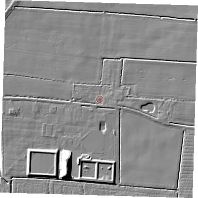Shaded relief map of the ground around PE220SQ, computed from Environment Agency LiDAR. The ground here sits at about 2 m above sea level and falls 11 m across the surrounding 800 m. Surface water reaching this point runs off ground lying to the west, 1.5 m higher.