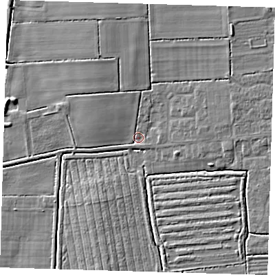 Shaded relief map of the ground around PE220SY, computed from Environment Agency LiDAR. The ground here sits at about 3 m above sea level and falls 6 m across the surrounding 800 m. Surface water reaching this point runs off ground lying to the north-east, 4.9 m higher.