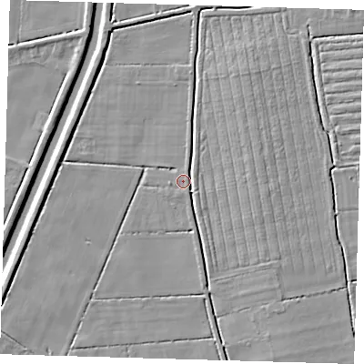 Shaded relief map of the ground around PE220SZ, computed from Environment Agency LiDAR. The ground here sits at about 2 m above sea level and falls 5 m across the surrounding 800 m. Surface water reaching this point runs off ground lying to the south-south-east, 0.6 m higher.