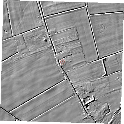 Shaded relief map of the ground around PE220TA, computed from Environment Agency LiDAR. The ground here sits at about 3 m above sea level and falls 6 m across the surrounding 800 m. Surface water reaching this point runs off ground lying to the north-east, 3.6 m higher.