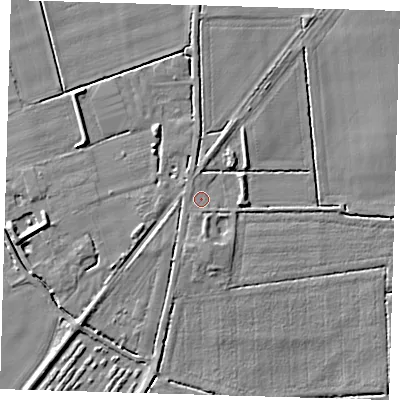 Shaded relief map of the ground around PE220TB, computed from Environment Agency LiDAR. The ground here sits at about 4 m above sea level and falls 5 m across the surrounding 800 m. Surface water reaching this point runs off ground lying to the south, 1.9 m higher.