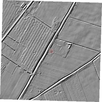 Shaded relief map of the ground around PE220TD, computed from Environment Agency LiDAR. The ground here sits at about 3 m above sea level and falls 5 m across the surrounding 800 m. Surface water reaching this point runs off ground lying to the north-north-west, 1.0 m higher.