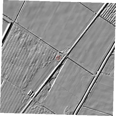 Shaded relief map of the ground around PE220TE, computed from Environment Agency LiDAR. The ground here sits at about 2 m above sea level and falls 5 m across the surrounding 800 m. Surface water reaching this point runs off ground lying to the south-west, 3.4 m higher.