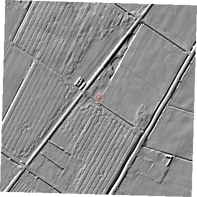 Shaded relief map of the ground around PE220TF, computed from Environment Agency LiDAR. The ground here sits at about 2 m above sea level and falls 5 m across the surrounding 800 m. Surface water reaching this point runs off ground lying to the south-east, 3.2 m higher.