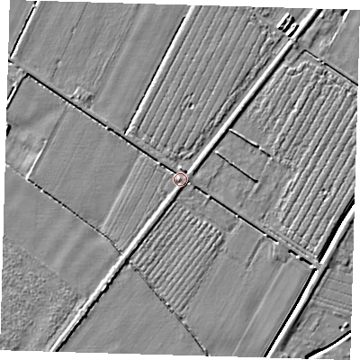 Shaded relief map of the ground around PE220TG, computed from Environment Agency LiDAR. The ground here sits at about 3 m above sea level and falls 5 m across the surrounding 800 m. Surface water reaching this point runs off ground lying to the south-south-east, 1.2 m higher.