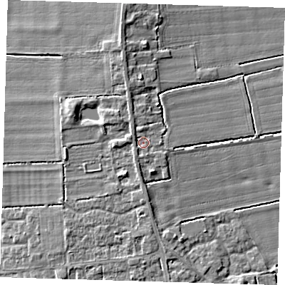 Shaded relief map of the ground around PE220TN, computed from Environment Agency LiDAR. The ground here sits at about 5 m above sea level and falls 5 m across the surrounding 800 m. Surface water reaching this point runs off ground lying to the south-south-west, 1.1 m higher.
