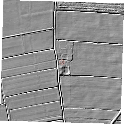 Shaded relief map of the ground around PE220TS, computed from Environment Agency LiDAR. The ground here sits at about 2 m above sea level and falls 3 m across the surrounding 800 m. Surface water reaching this point runs off ground lying to the west, 1.4 m higher.