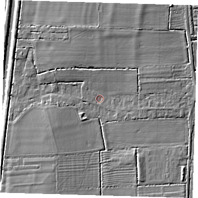 Shaded relief map of the ground around PE220TU, computed from Environment Agency LiDAR. The ground here sits at about 2 m above sea level and falls 5 m across the surrounding 800 m. Surface water reaching this point runs off ground lying to the east-north-east, 2.6 m higher.