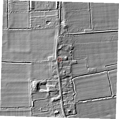 Shaded relief map of the ground around PE220TW, computed from Environment Agency LiDAR. The ground here sits at about 6 m above sea level and falls 5 m across the surrounding 800 m. Surface water reaching this point runs off ground lying to the south-west, 1.2 m higher.