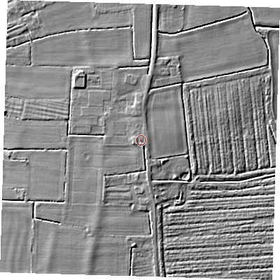 Shaded relief map of the ground around PE220TZ, computed from Environment Agency LiDAR. The ground here sits at about 5 m above sea level and falls 5 m across the surrounding 800 m. Surface water reaching this point runs off ground lying to the west-south-west, 0.7 m higher.