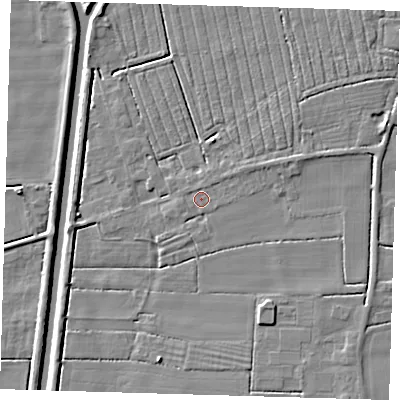 Shaded relief map of the ground around PE220UA, computed from Environment Agency LiDAR. The ground here sits at about 3 m above sea level and falls 5 m across the surrounding 800 m. Surface water reaching this point runs off ground lying to the north-east, 0.8 m higher.
