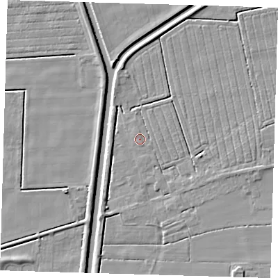 Shaded relief map of the ground around PE220UD, computed from Environment Agency LiDAR. The ground here sits at about 3 m above sea level and falls 5 m across the surrounding 800 m. The ground contributing surface water to this point lies to the north.