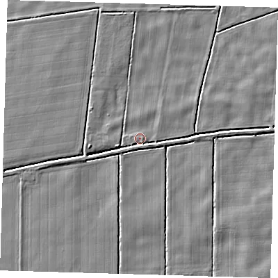 Shaded relief map of the ground around PE220UE, computed from Environment Agency LiDAR. The ground here sits at about 2 m above sea level and falls 3 m across the surrounding 800 m. Surface water reaching this point runs off ground lying to the south-south-west, 2.1 m higher.